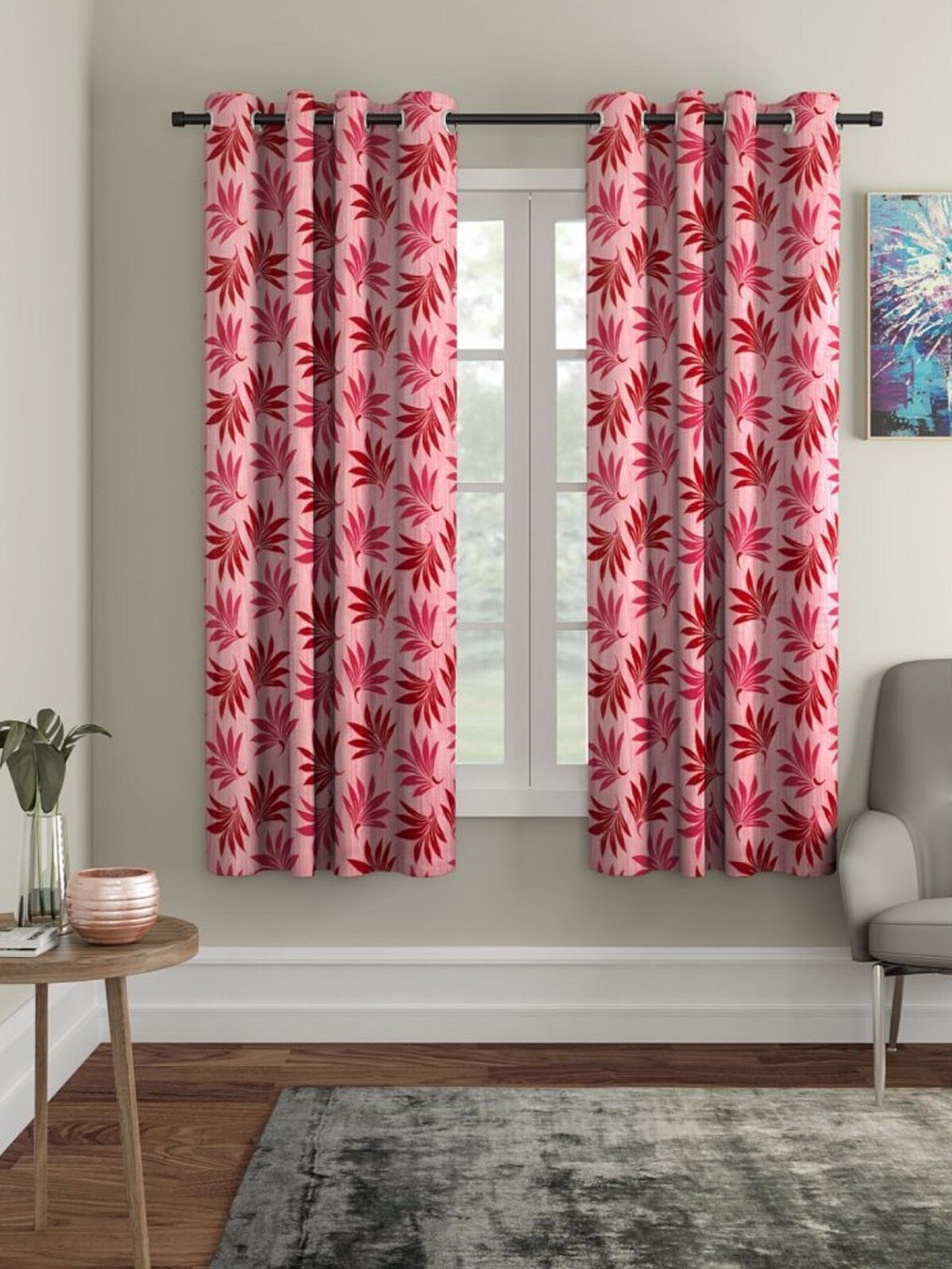 

HOMETALES 2 Pcs Pink & Red Floral Room Darkening Window Curtain