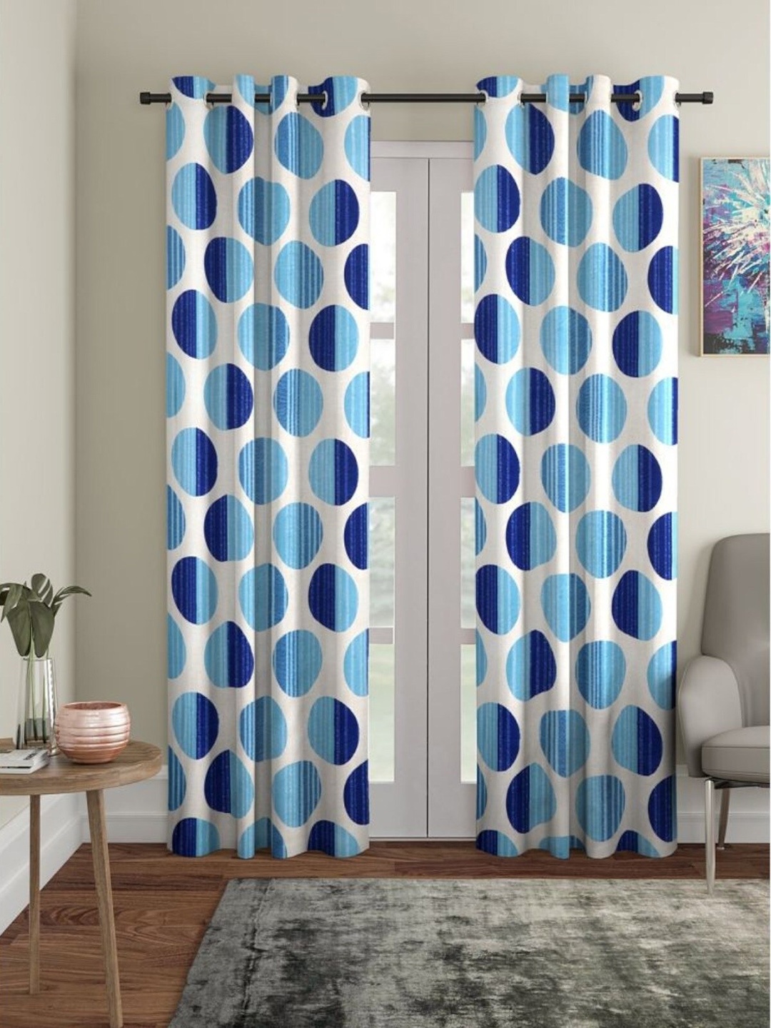 

HOMETALES 2 Pcs White & Blue Geometric Room Darkening Window Curtain