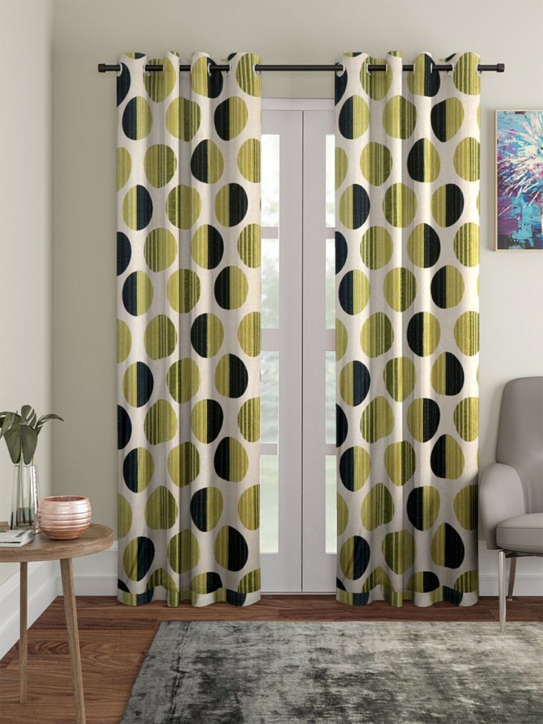 

HOMETALES Green & Cream-Coloured 2 Pieces Geometric Room Darkening Door Curtains