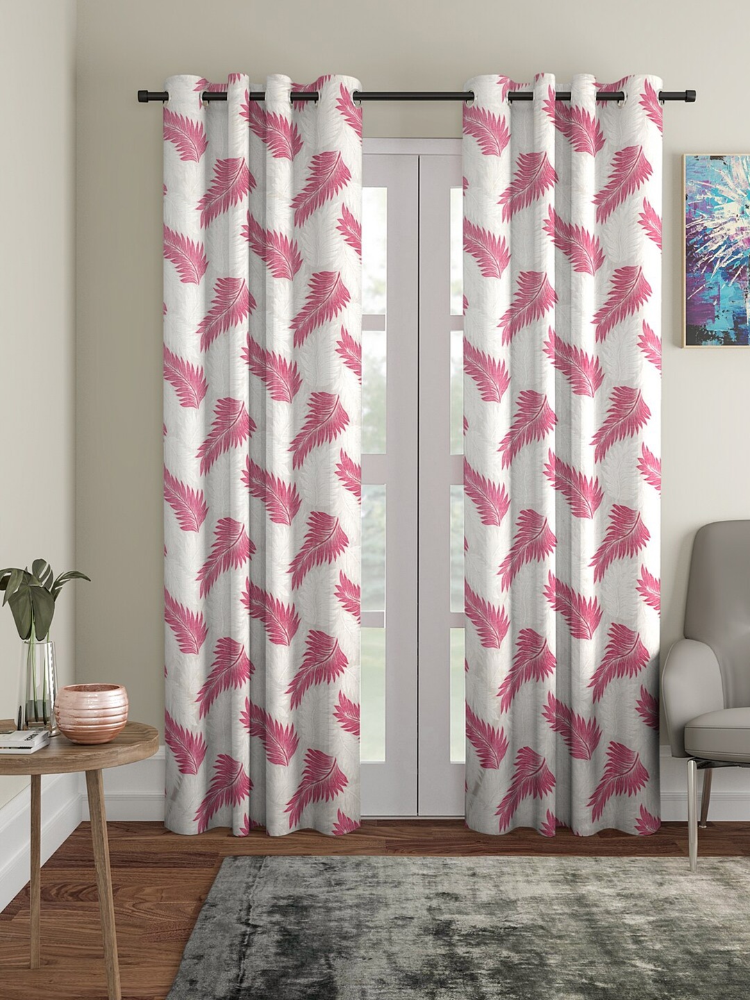 

HOMETALES 2 Pcs White & Pink & White Floral Room Darkening Window Curtain