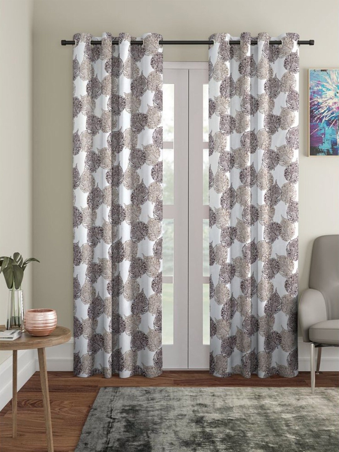 

HOMETALES Brown & White 2 Pieces Floral Room Darkening Window Curtains