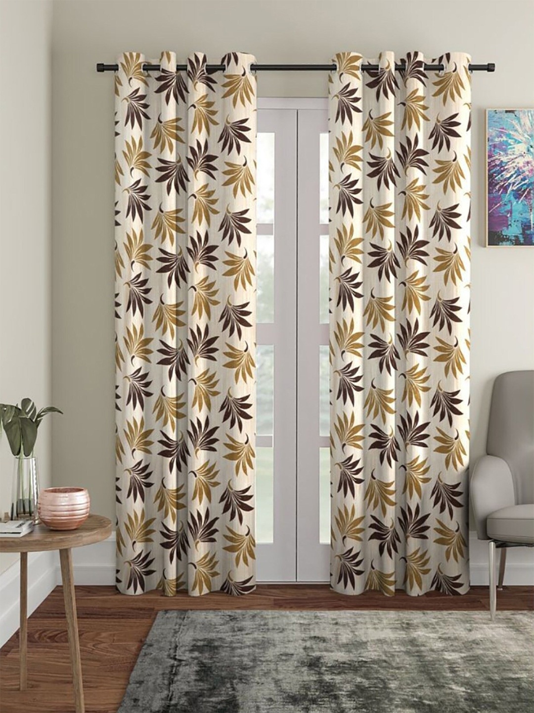 

HOMETALES Brown & Beige 2 Pieces Floral Room Darkening Window Curtains
