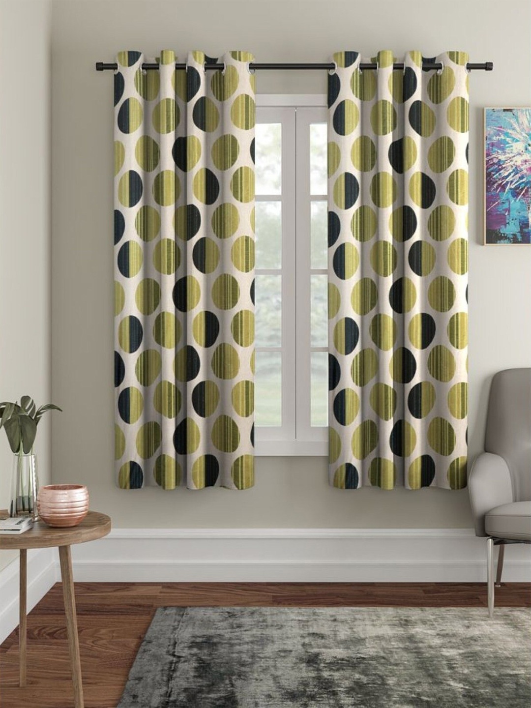 

HOMETALES Green & Cream-Coloured 2 PiecesGeometric Room Darkening Window Curtains