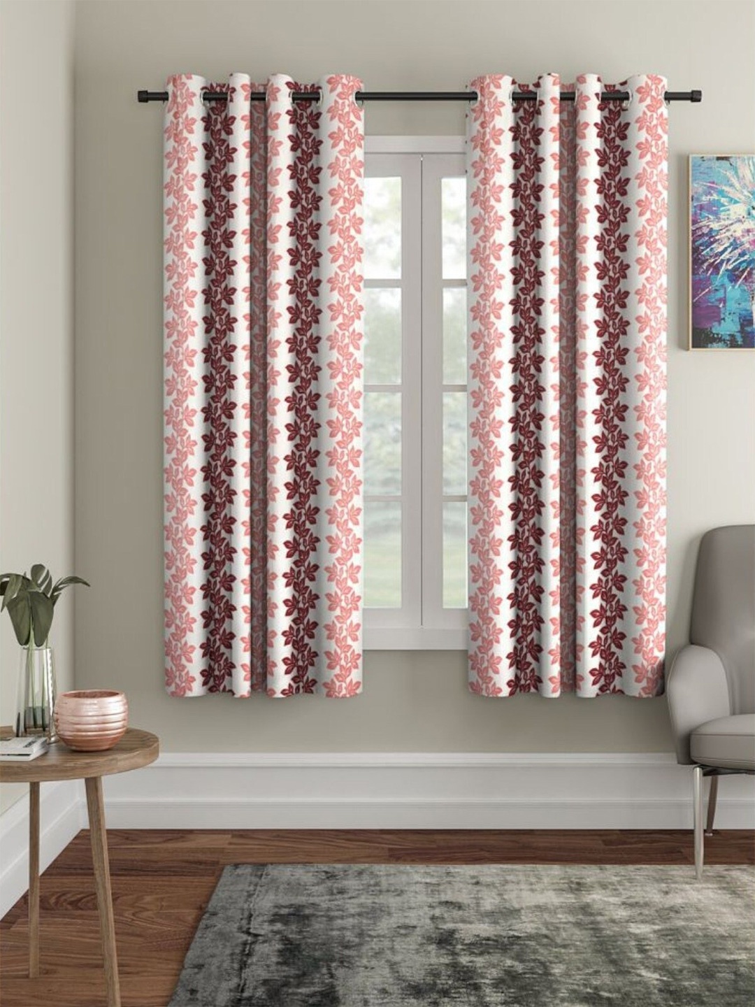 

HOMETALES Maroon & White 2 Pieces Floral Room Darkening Long Door Curtains