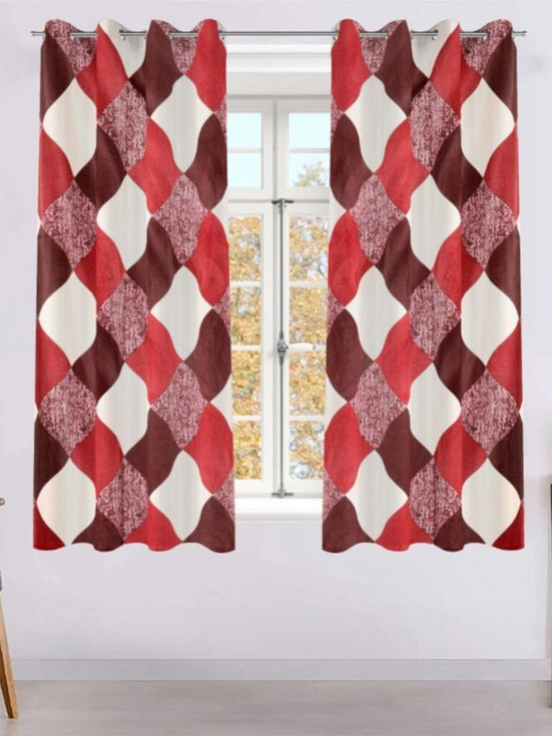 

HOMETALES Maroon & Red 2 Pieces Geometric Window Curtains