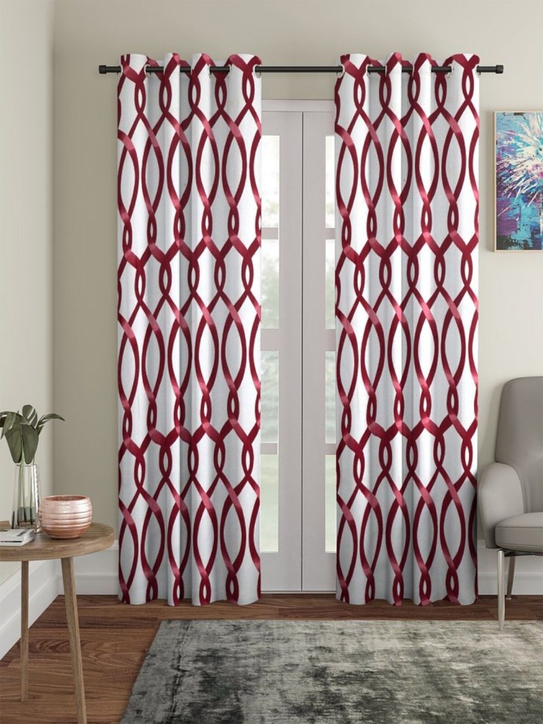 

HOMETALES Maroon & White 2 Pieces Geometric Room Darkening Window Curtains