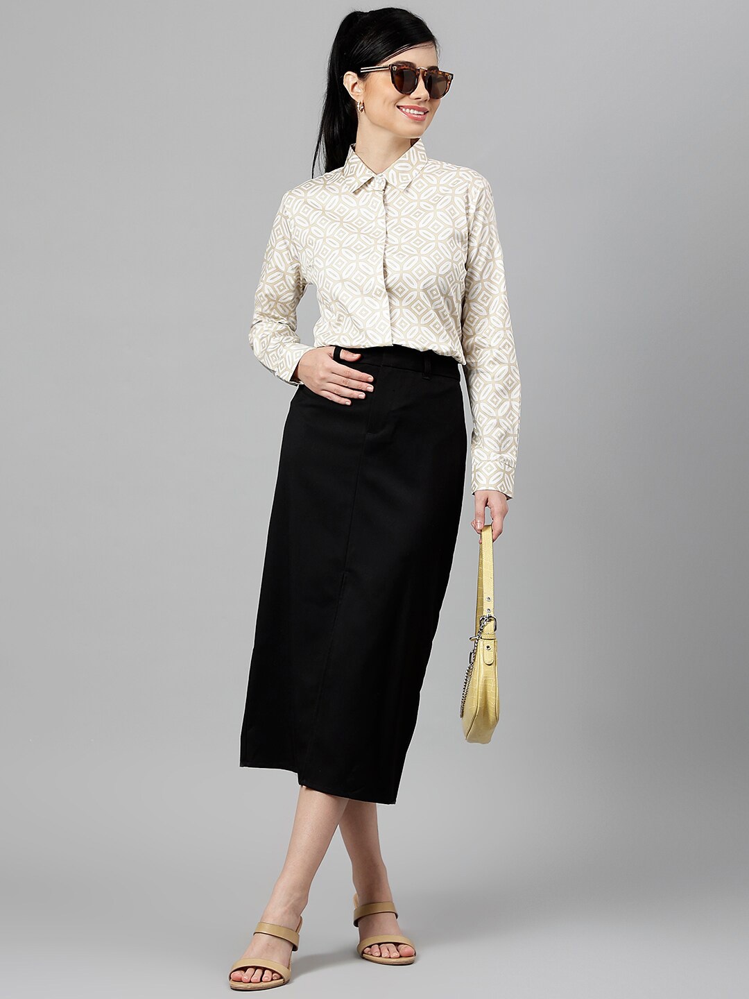 

Hancock Women Geometric Printed Cotton Satin Regular Fit Formal Shirt, Beige