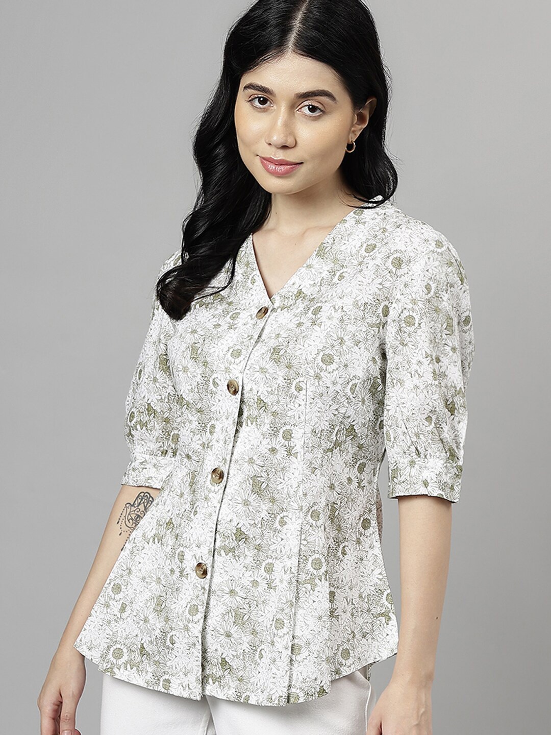 

Hancock Floral Printed V-Neck Puff Sleeve Pleated Cotton Regular Top, Olive