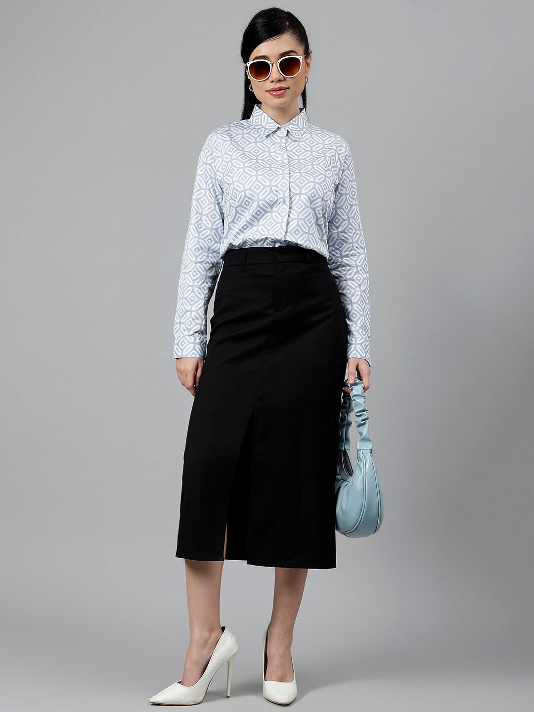 

Hancock Women Geometric Cotton Satin Regular Fit Formal Shirt, Blue