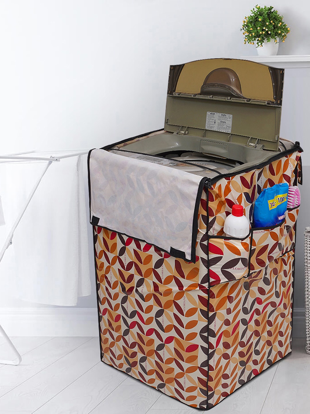 

DREAM CARE White & Beige Printed Waterproof Washing Machine Cover