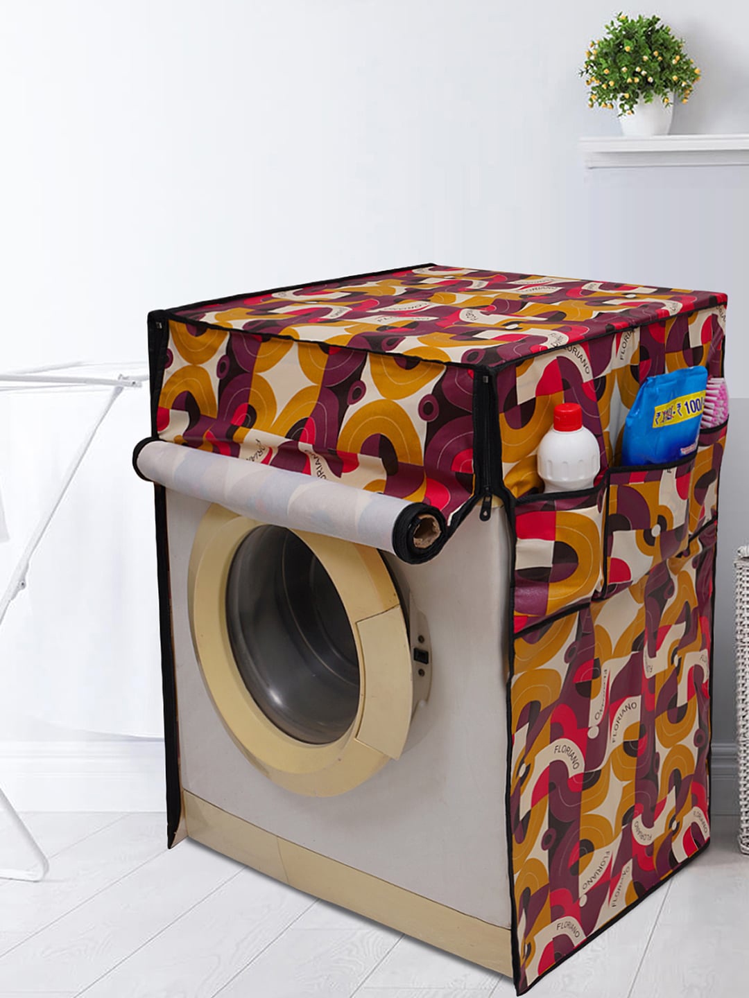 

DREAM CARE White & Burgundy Printed Waterproof Washing Machine Cover