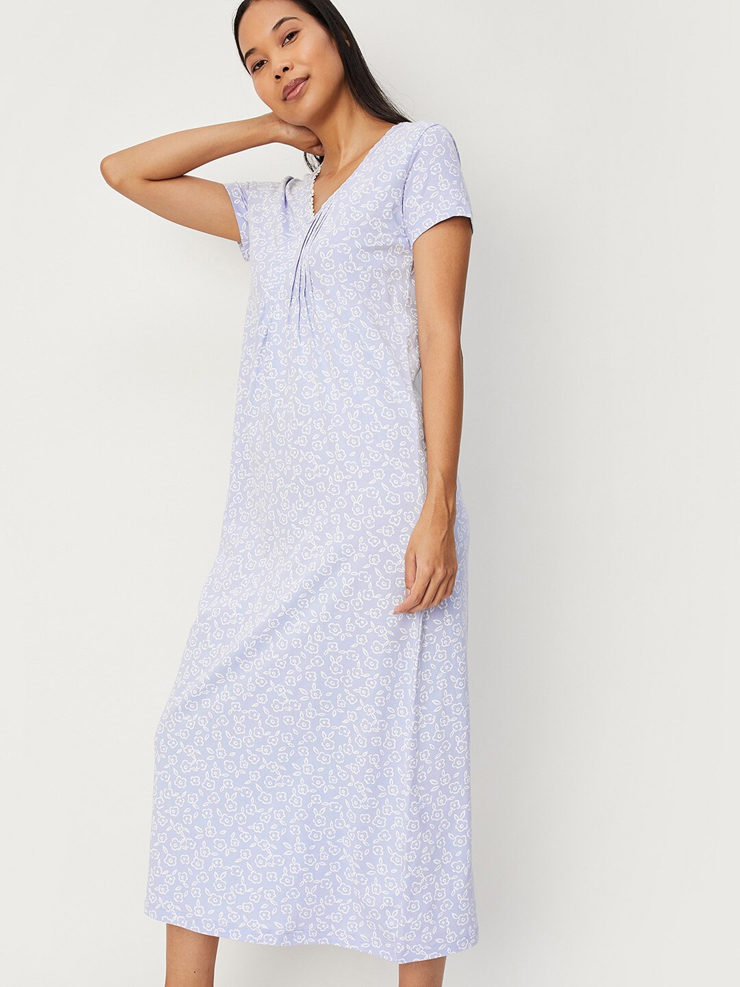 

max Floral Printed V-Neck Pure Cotton Midi Nightdress, Blue