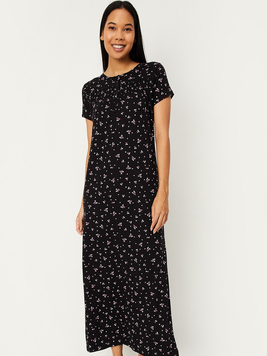 

max Floral Printed V-Neck Pure Cotton Midi Nightdress, Black