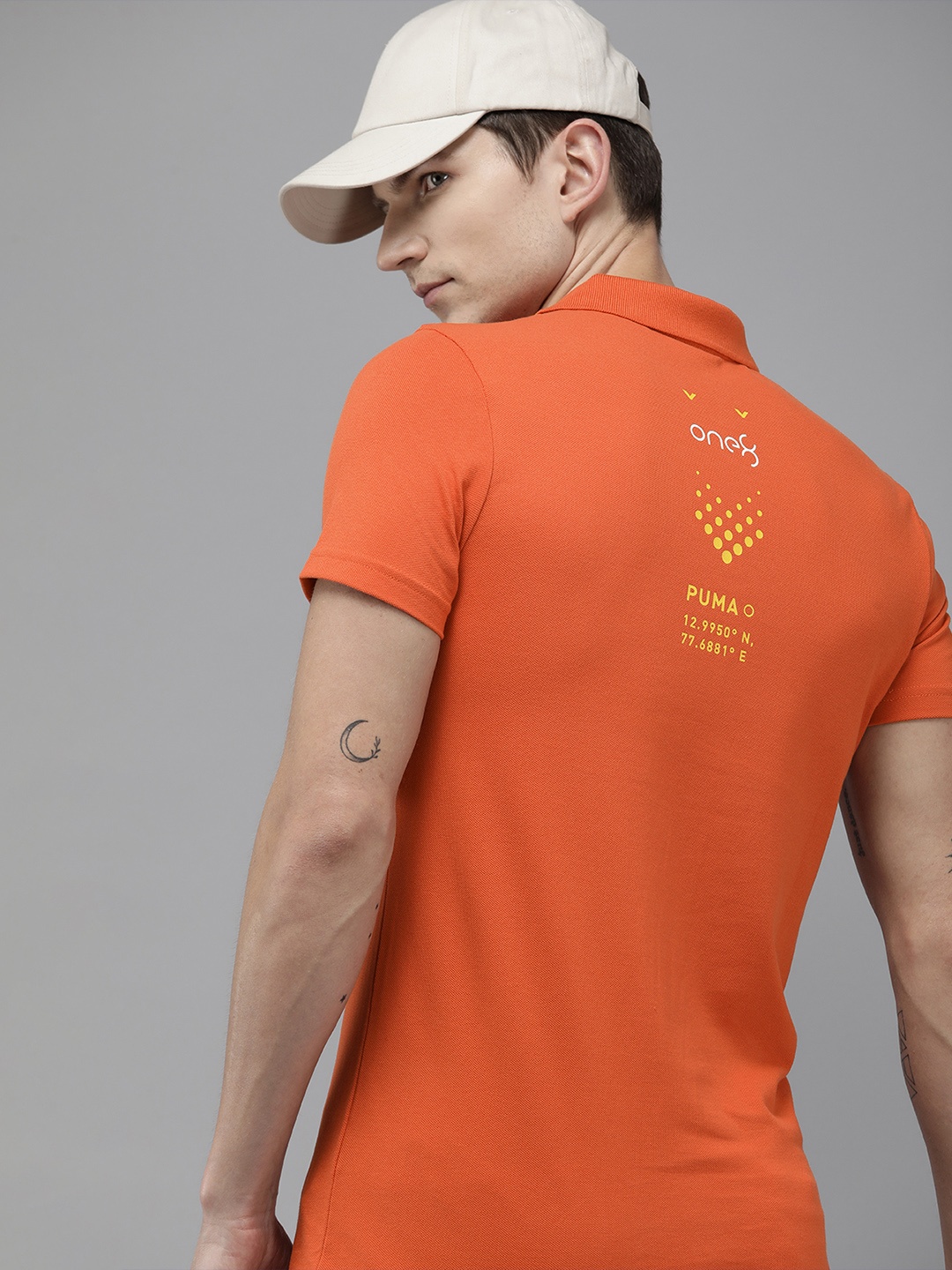 

one8 x PUMA Men Halftone Brand Logo Printed Polo Collar Slim Fit T-shirt, Orange