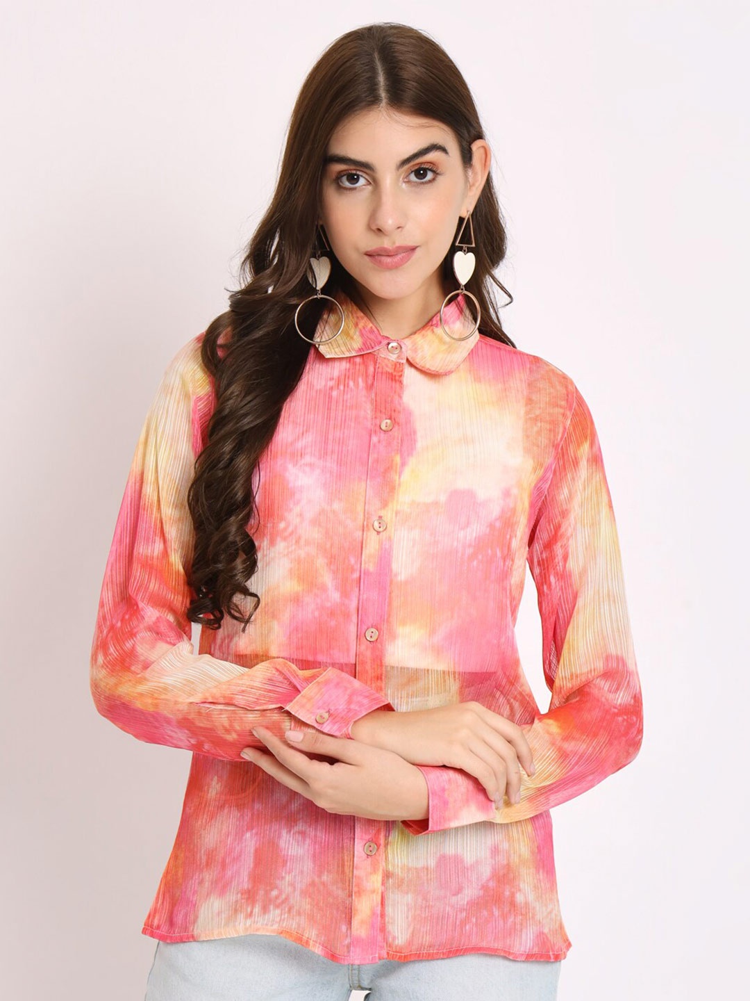 

CHARMGAL Classic Tie & Dye Dyed Spread Collar Casual Shirt, Pink