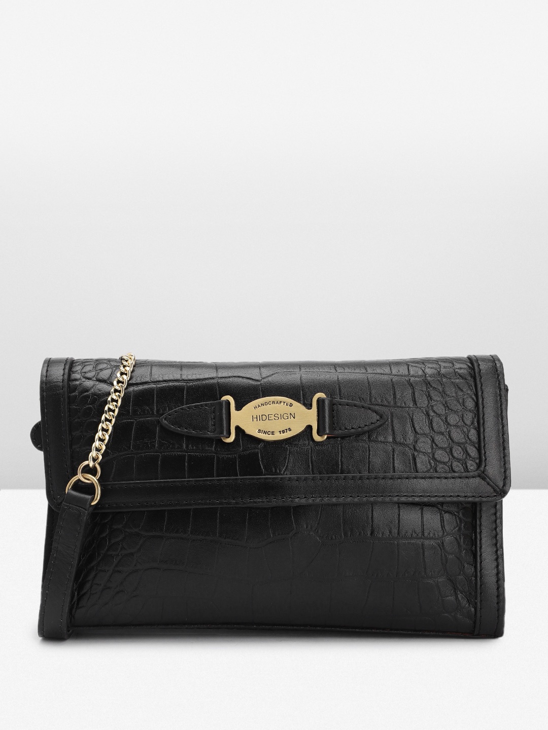 

Hidesign Crocodile Textured Leather Structured Sling Bag With Brand Logo Buckle Detail, Black