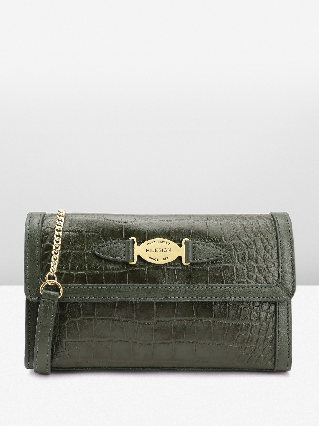 

Hidesign Croc-Textured Leather Structured Sling Bag, Olive