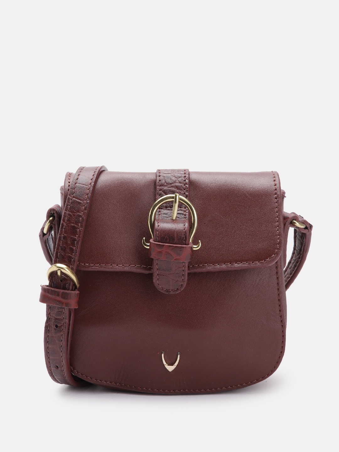 

Hidesign Leather Structured Sling Bag with Croc Textured & Buckle Detail, Maroon