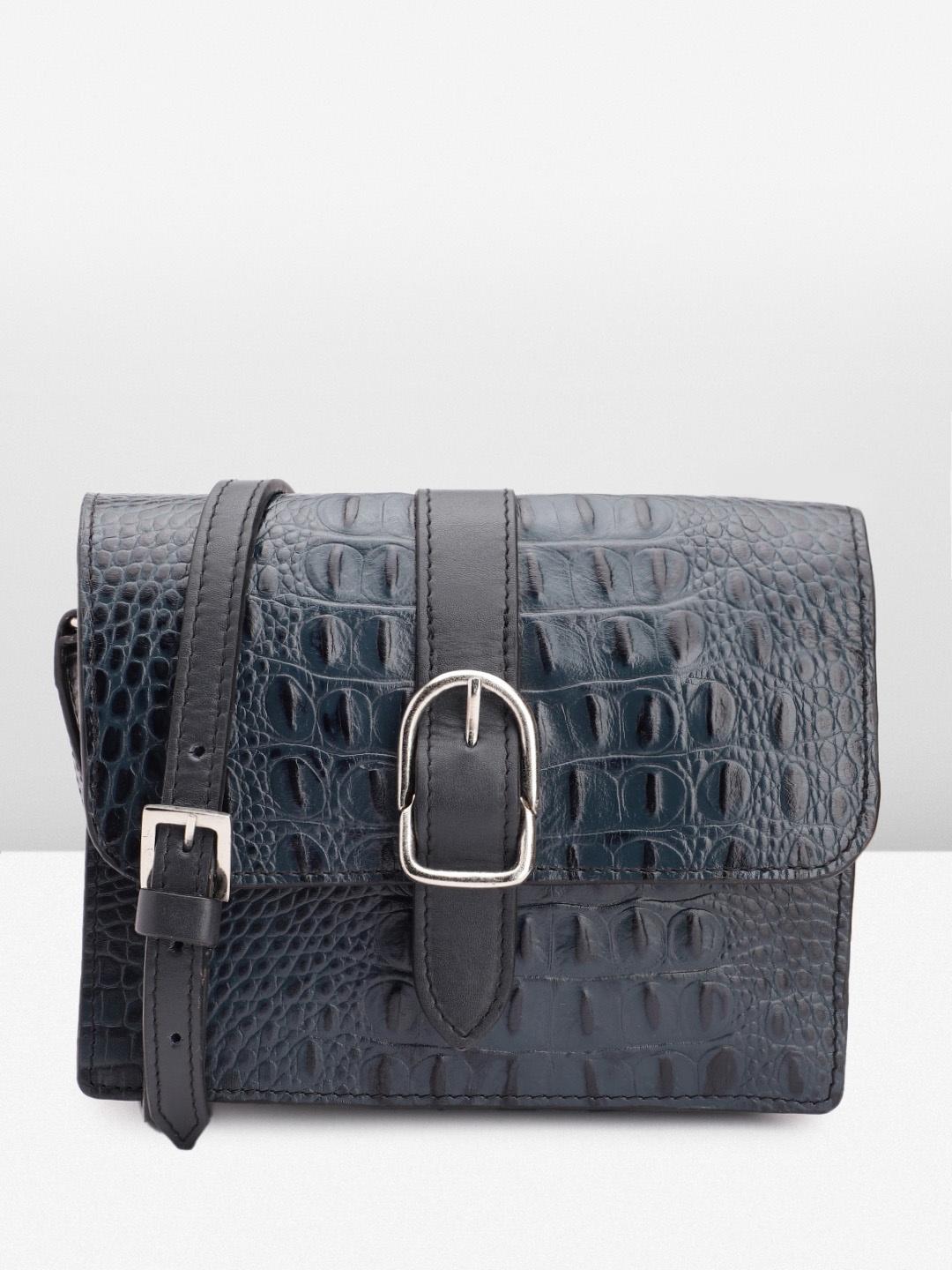 

Hidesign Croc Textured Leather Structured Sling Bag, Navy blue