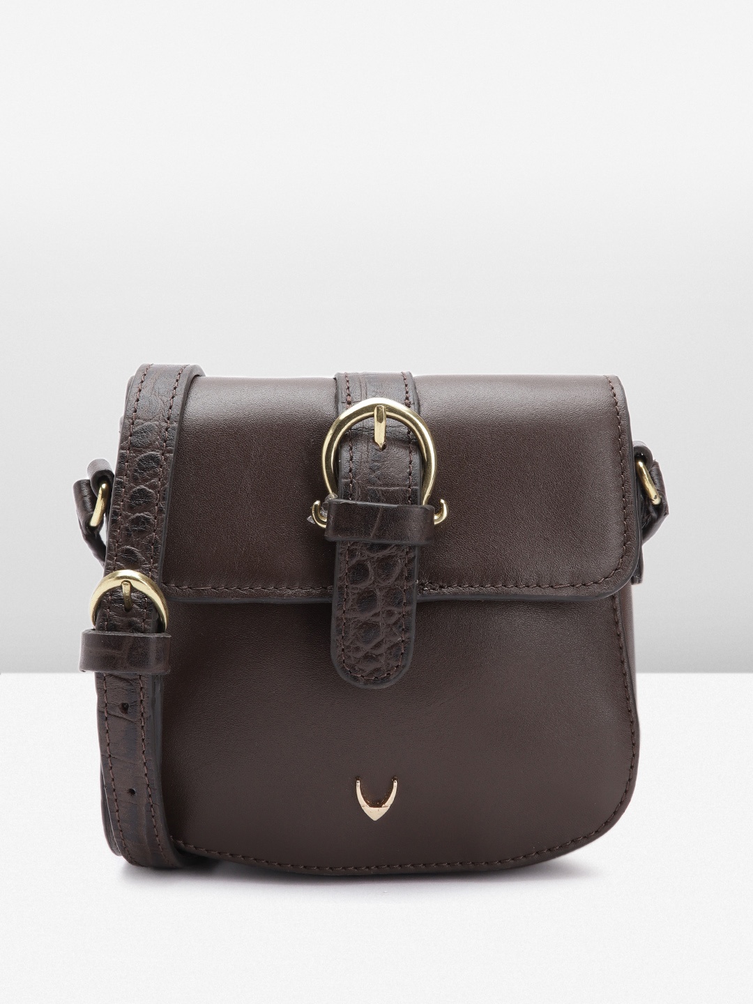 

Hidesign Leather Structured Sling Bag with Croc Textured & Buckle Detail, Coffee brown