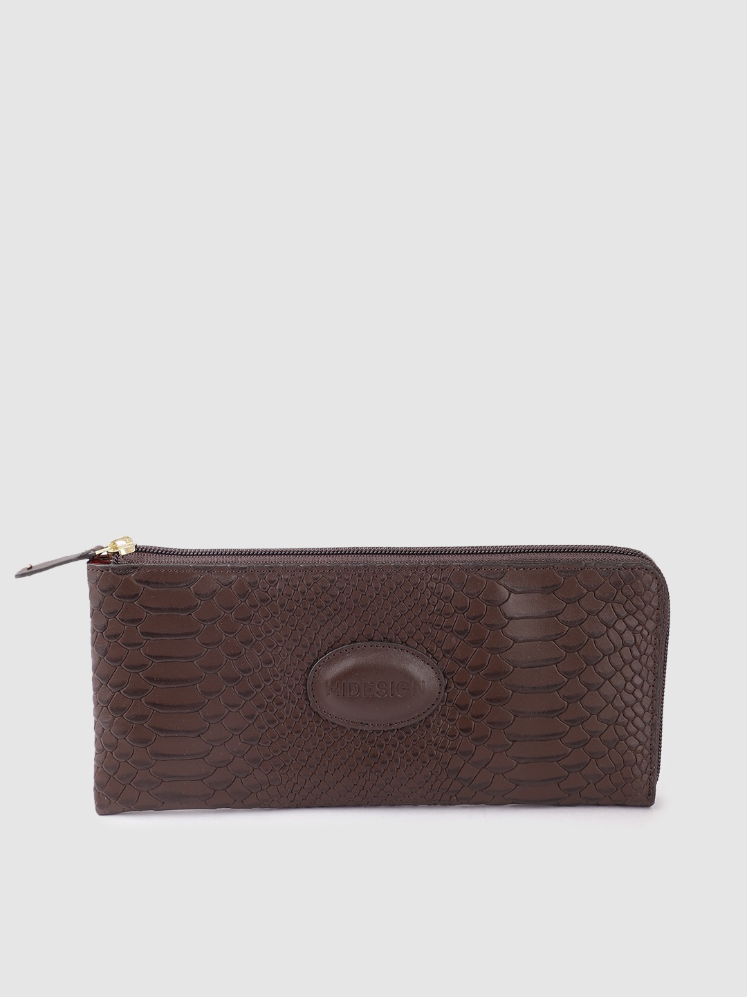 

Hidesign Women Croc Textured Leather Zip Around Wallet, Coffee brown