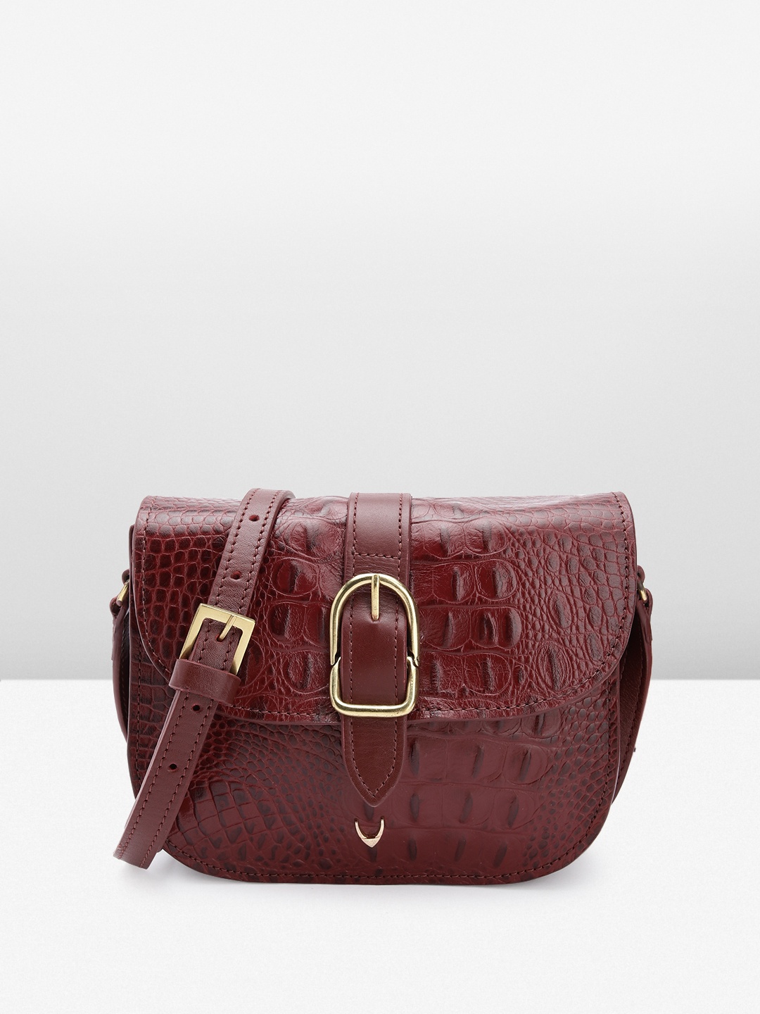 

Hidesign Croc-Textured Leather Structured Sling Bag, Maroon