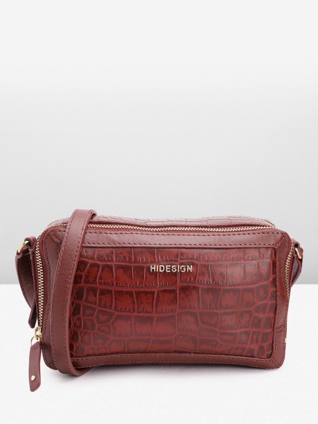 

Hidesign Croc Textured Leather Structured Sling Bag, Maroon