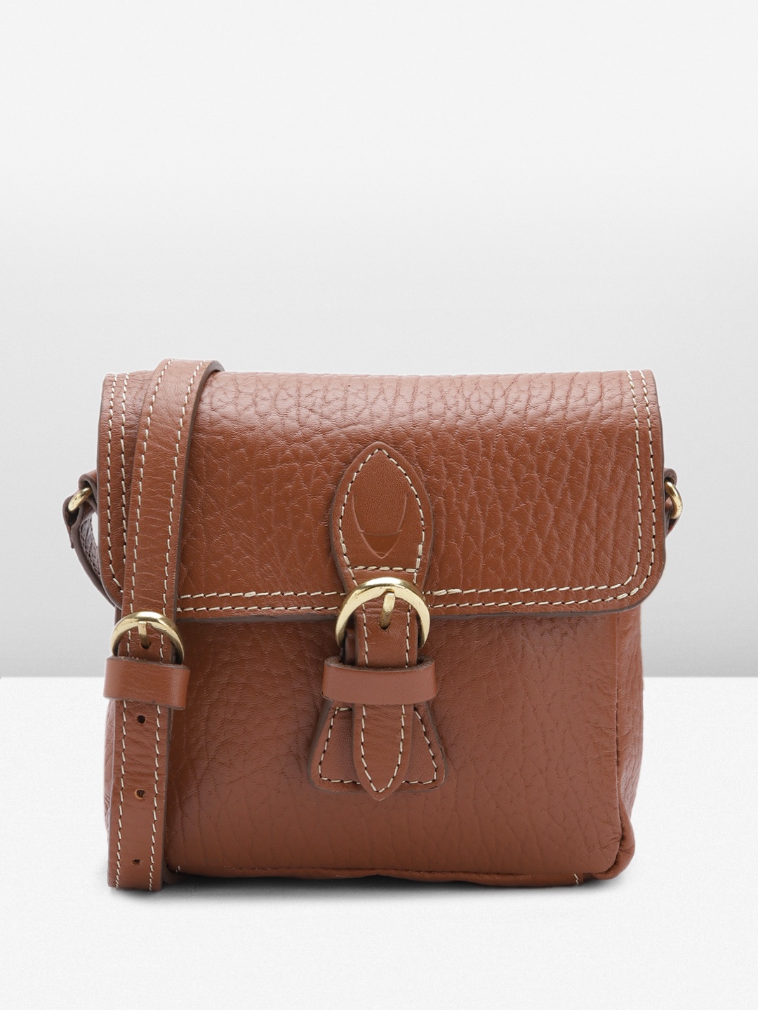 

Hidesign Textured Leather Structured Sling Bag with Buckle Detail, Brown