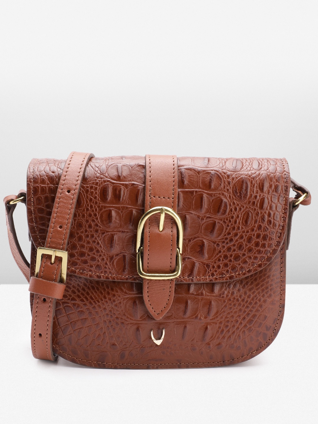 

Hidesign Croc Textured Leather Structured Sling Bag with Buckle Detail, Brown