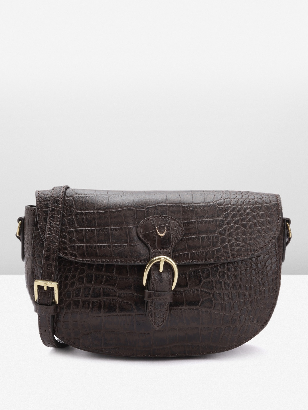 

Hidesign Croc Textured Leather Structured Sling Bag, Coffee brown