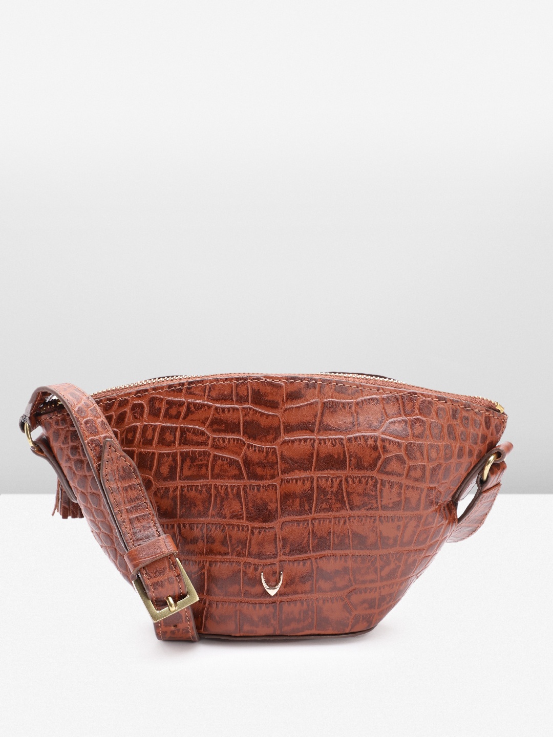 

Hidesign Croc-Textured Leather Structured Sling Bag, Brown