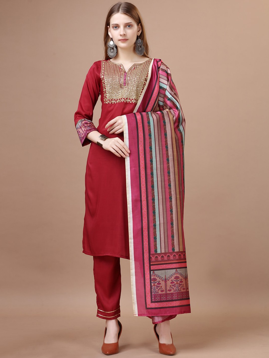 

WORIVOC Ethnic Motifs Embroidered Regular Kurta with Trousers & With Dupatta, Maroon