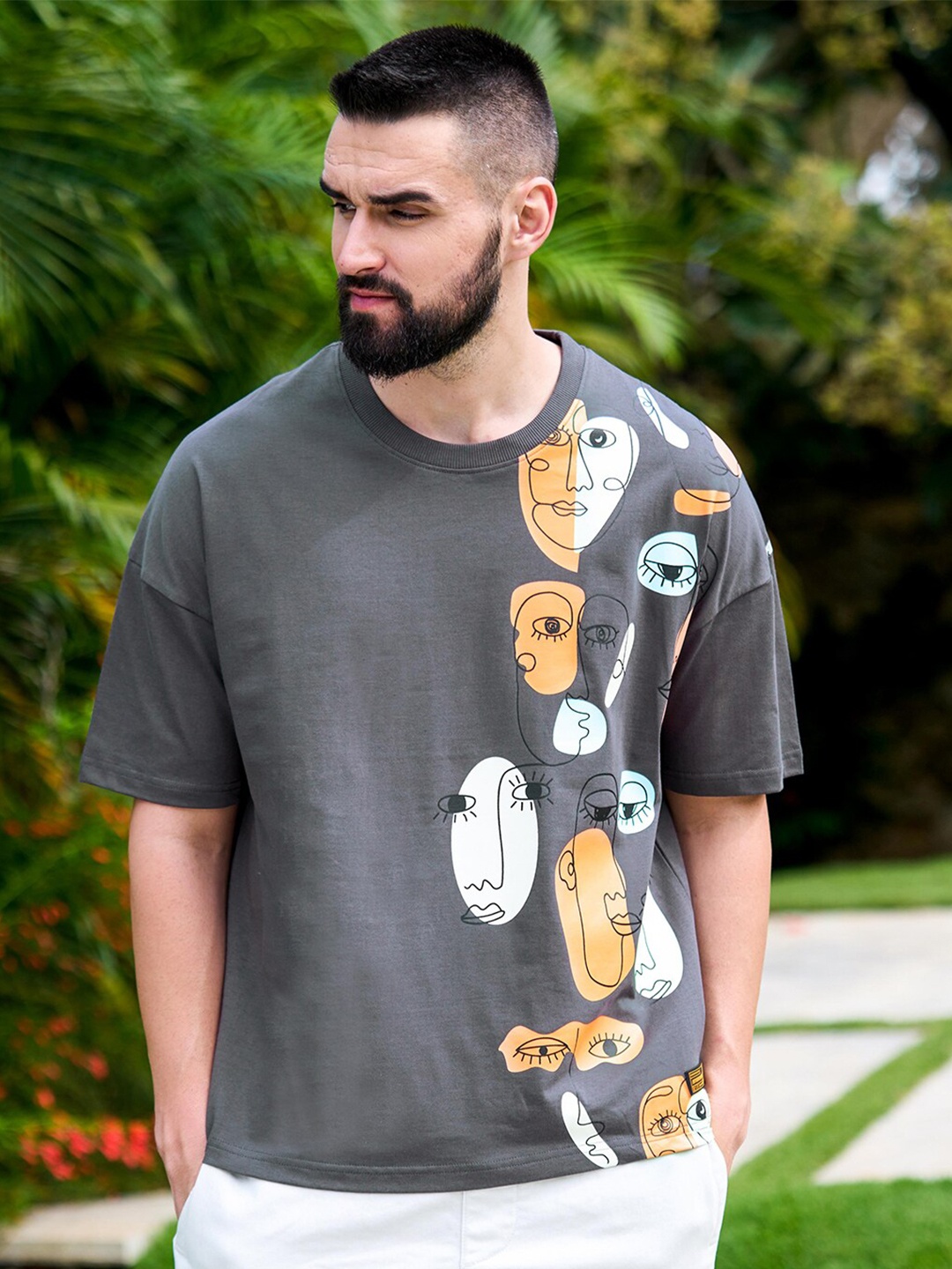 

Stormborn Graphic Printed Drop Shoulder Sleeves Pure Cotton Oversized T-shirt, Grey