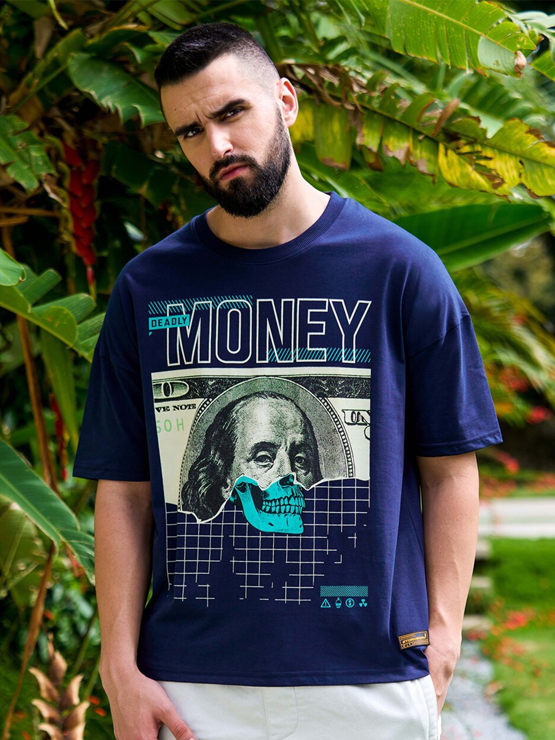 

Stormborn Graphic Printed Pure Cotton Oversized Drop-Shoulder T-shirt, Navy blue