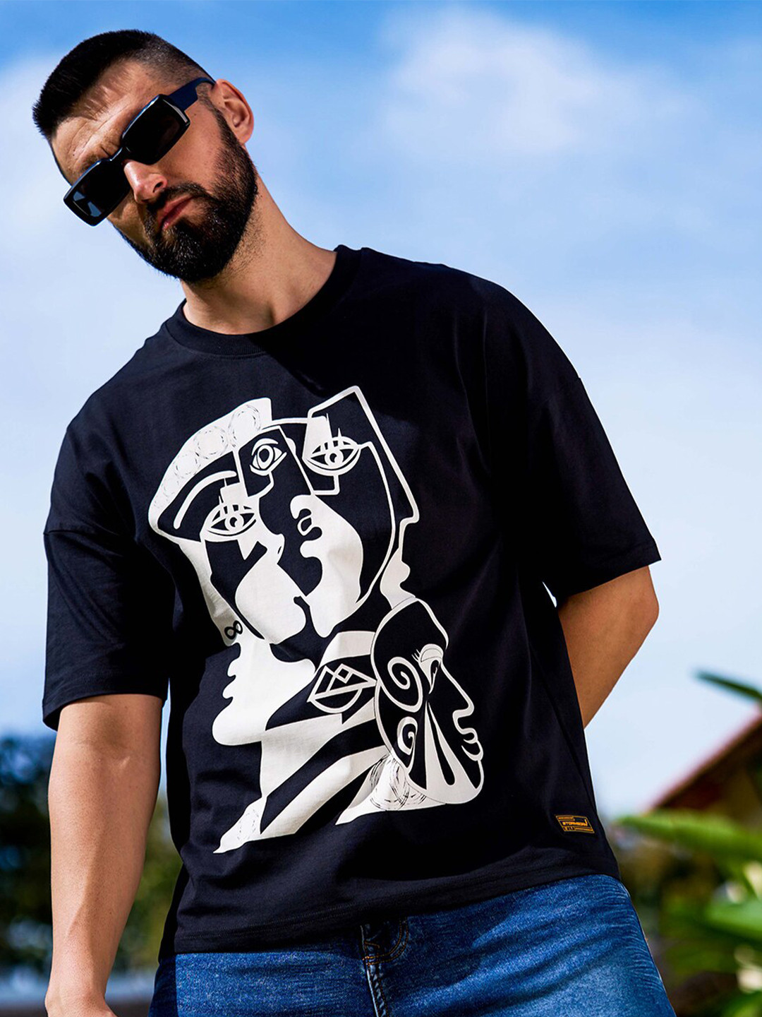 

Stormborn Graphic Printed Drop Shoulder Sleeves Pure Cotton Oversized T-shirt, Navy blue
