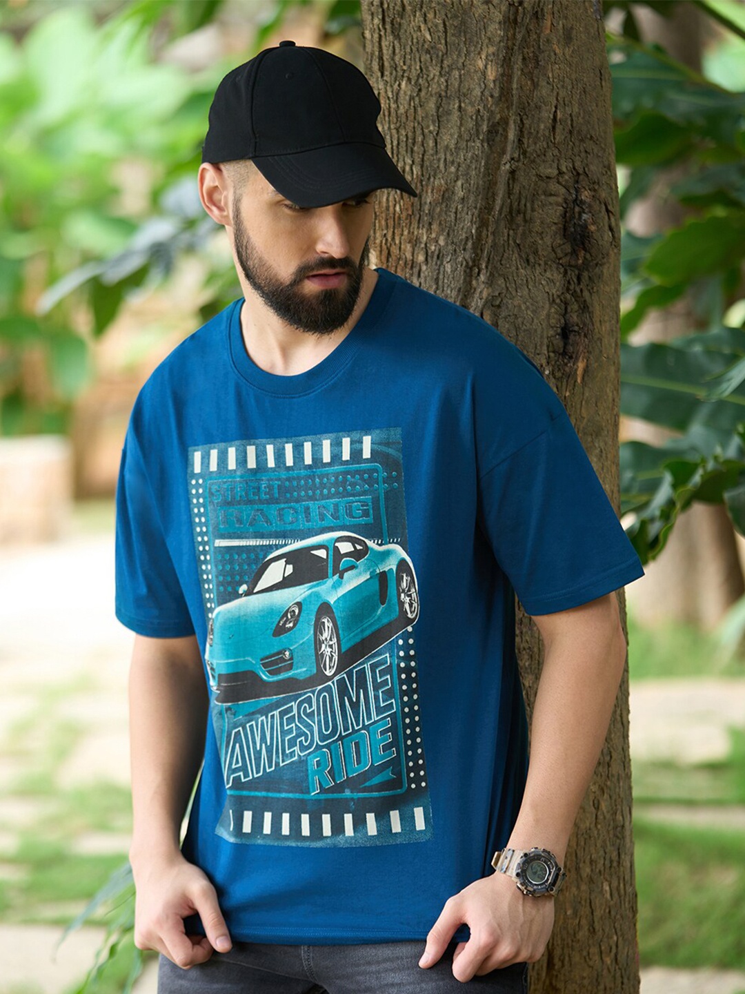 

Stormborn Graphic Printed Drop Shoulder Sleeves Pure Cotton Oversized T-shirt, Blue