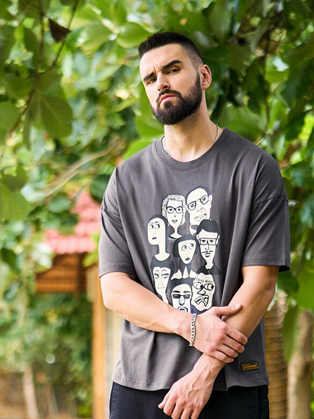 Stormborn Graphic Printed Drop-Shoulder Sleeves Oversized Pure Cotton Casual T-Shirt, Grey
