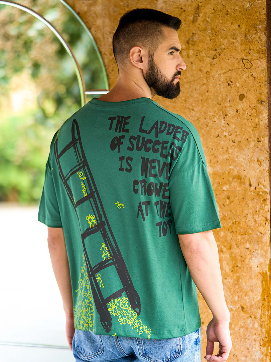 

Stormborn Typography Printed Oversized Drop-Shoulder Cotton T-shirt, Green