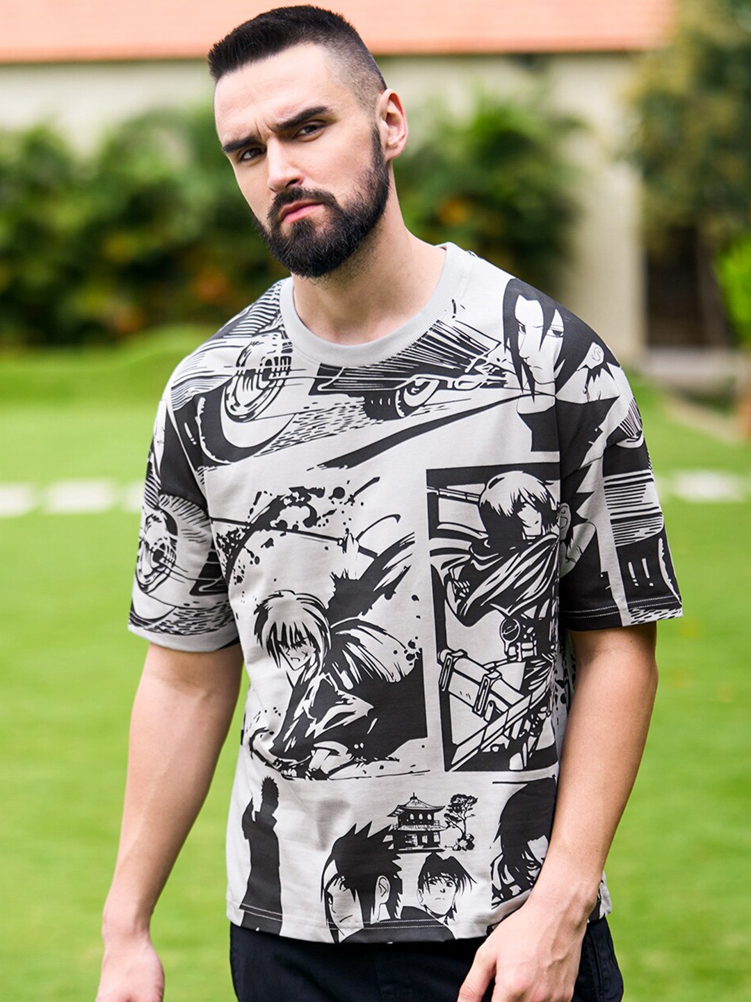 

Stormborn Graphic Printed Drop Shoulder Sleeves Pure Cotton Oversized T-shirt, Grey
