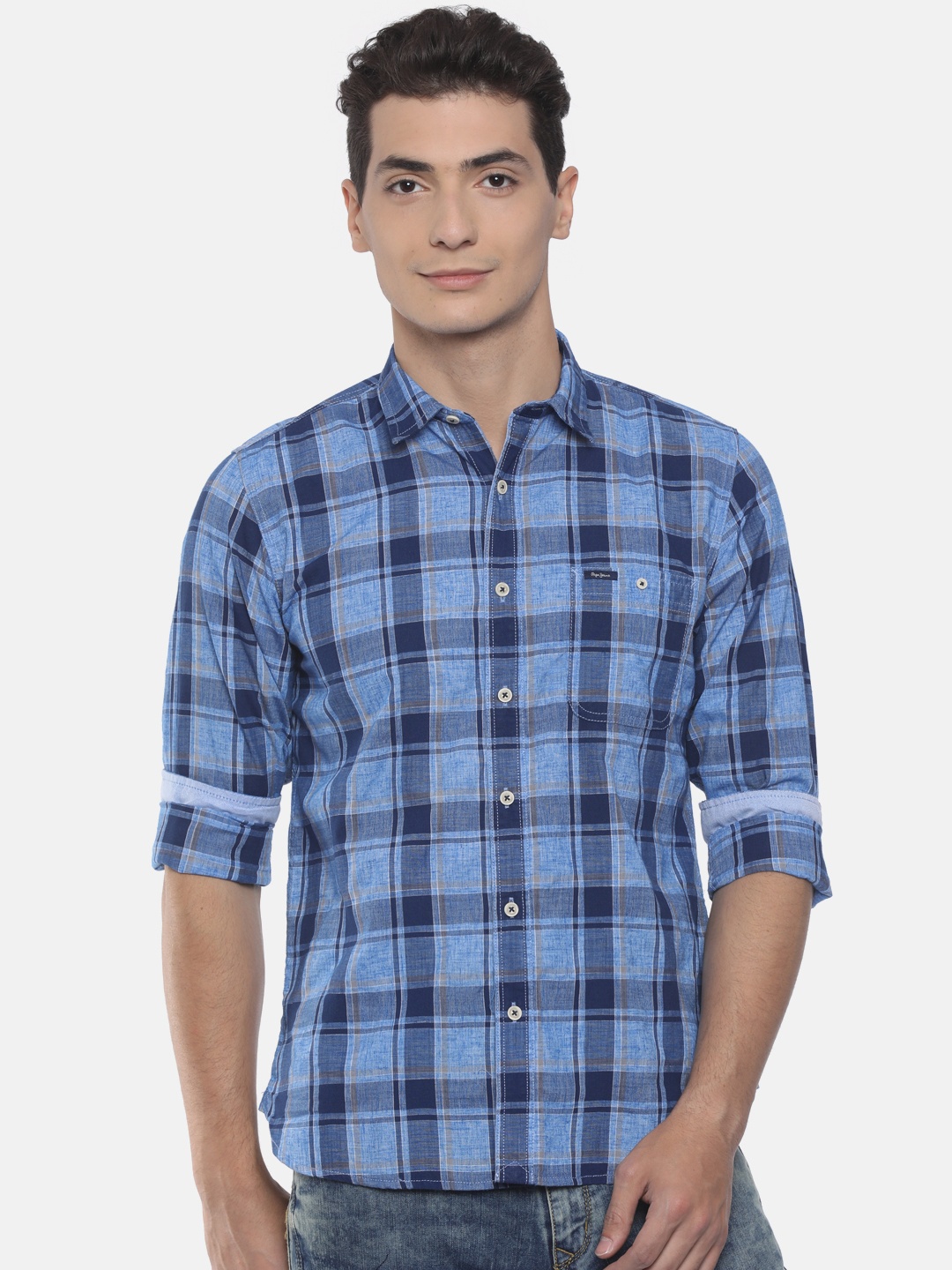 

Pepe Jeans Men Blue Regular Fit Checked Casual Shirt