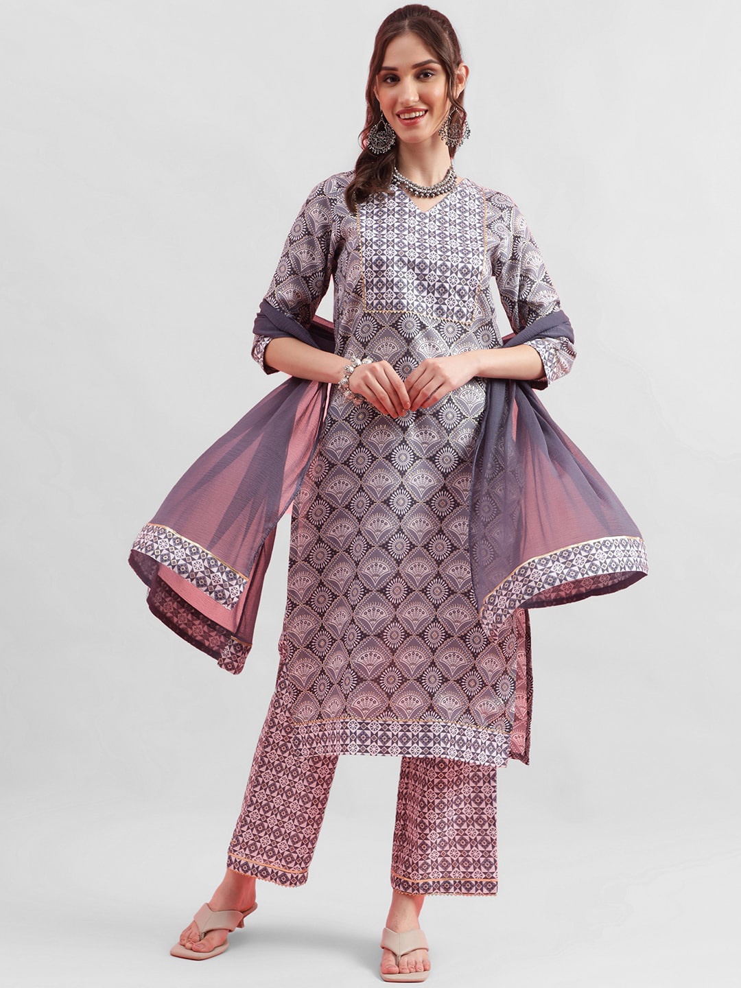 

KALINI Ethnic Motif Printed Regular Kurta With Trousers & Dupatta, Grey