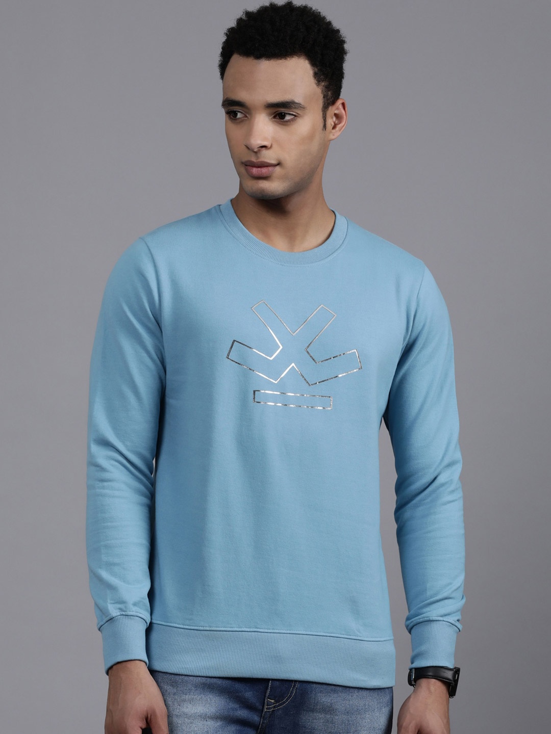 

WROGN Brand Logo Printed Ribbed Cotton Sweatshirt, Blue