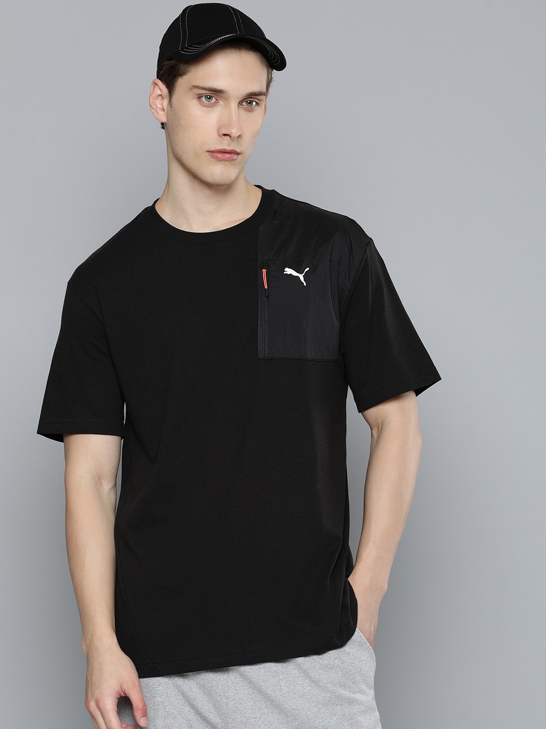 

Puma Brand Logo Printed Drop-Shoulder Sleeves Pure Cotton Pocket T-shirt, Black