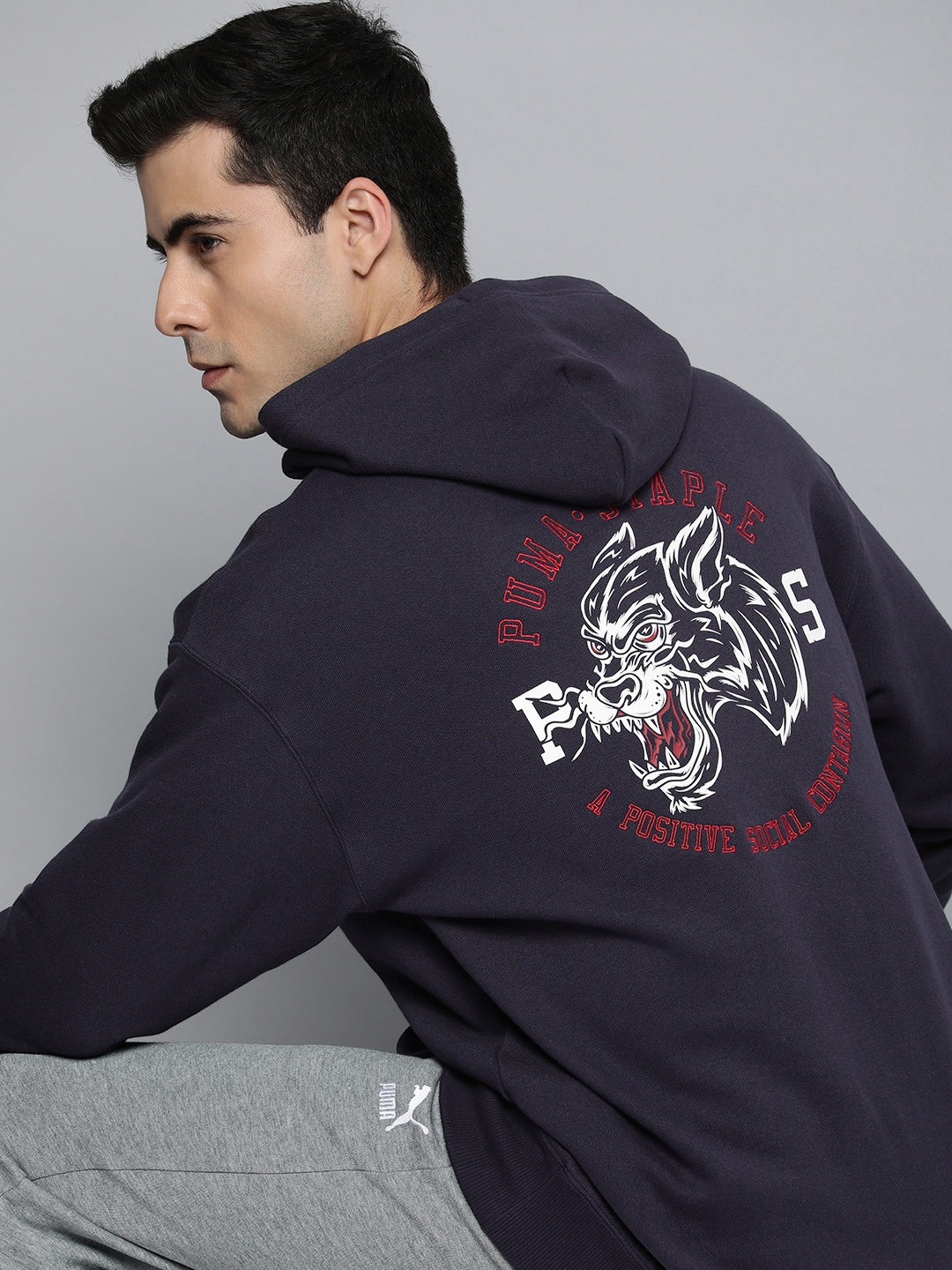 

Puma X Staple Graphic Printed Relaxed Fit Cotton Hooded Sweatshirt, Navy blue