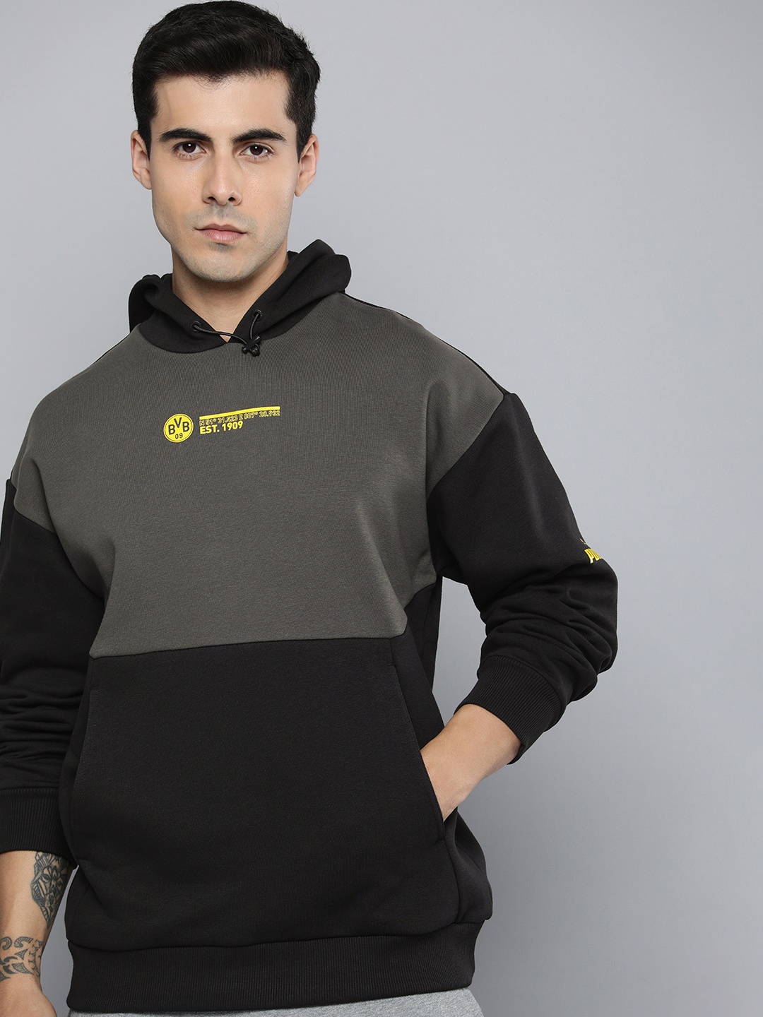 

Puma Borussia Dortmund FtblCulture Relaxed Fit Colourblocked Hooded Sweatshirt, Grey