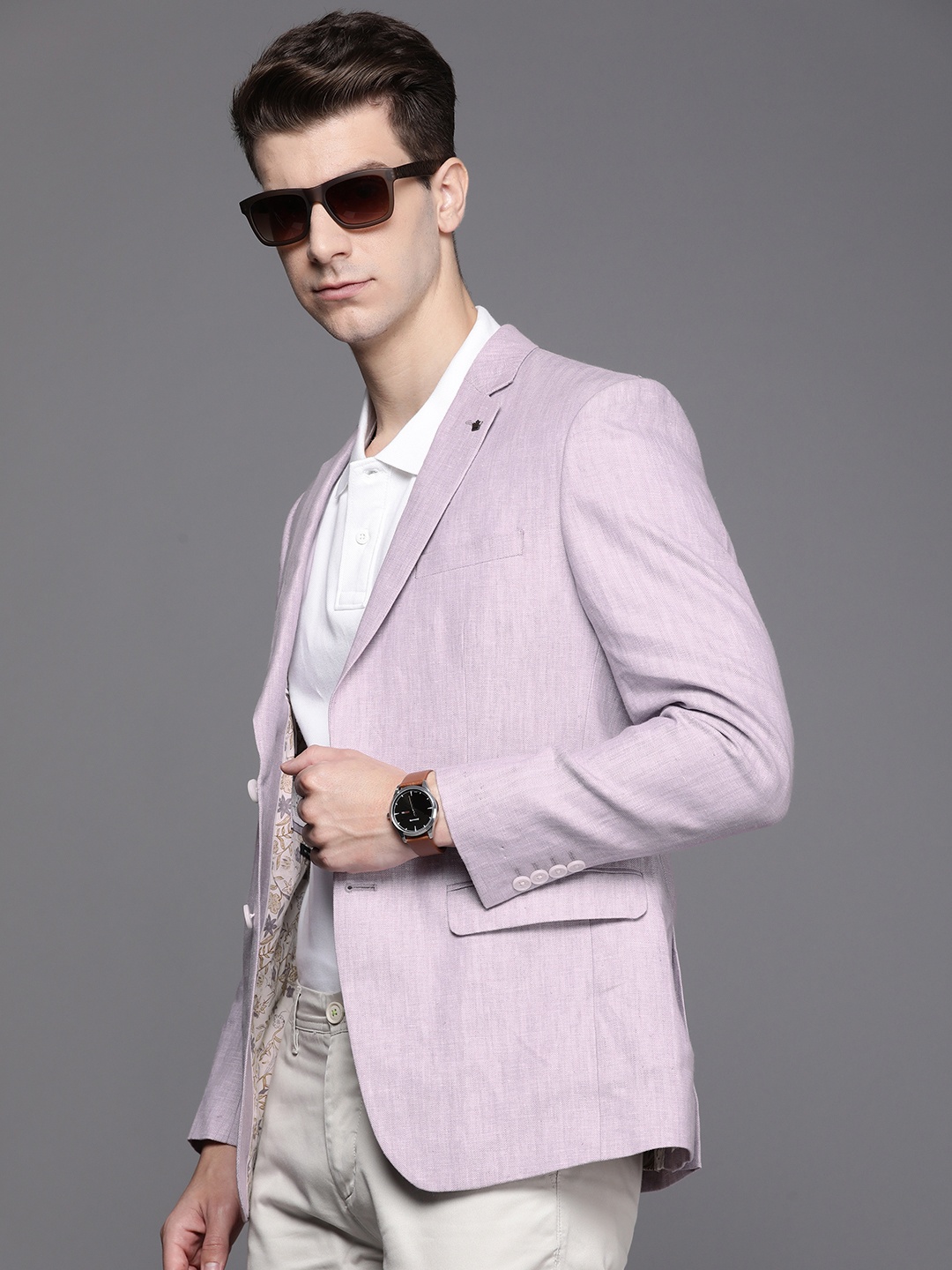 

Louis Philippe Men Self-Design Pure Linen Slim-Fit Single Breasted Casual Blazer, Lavender