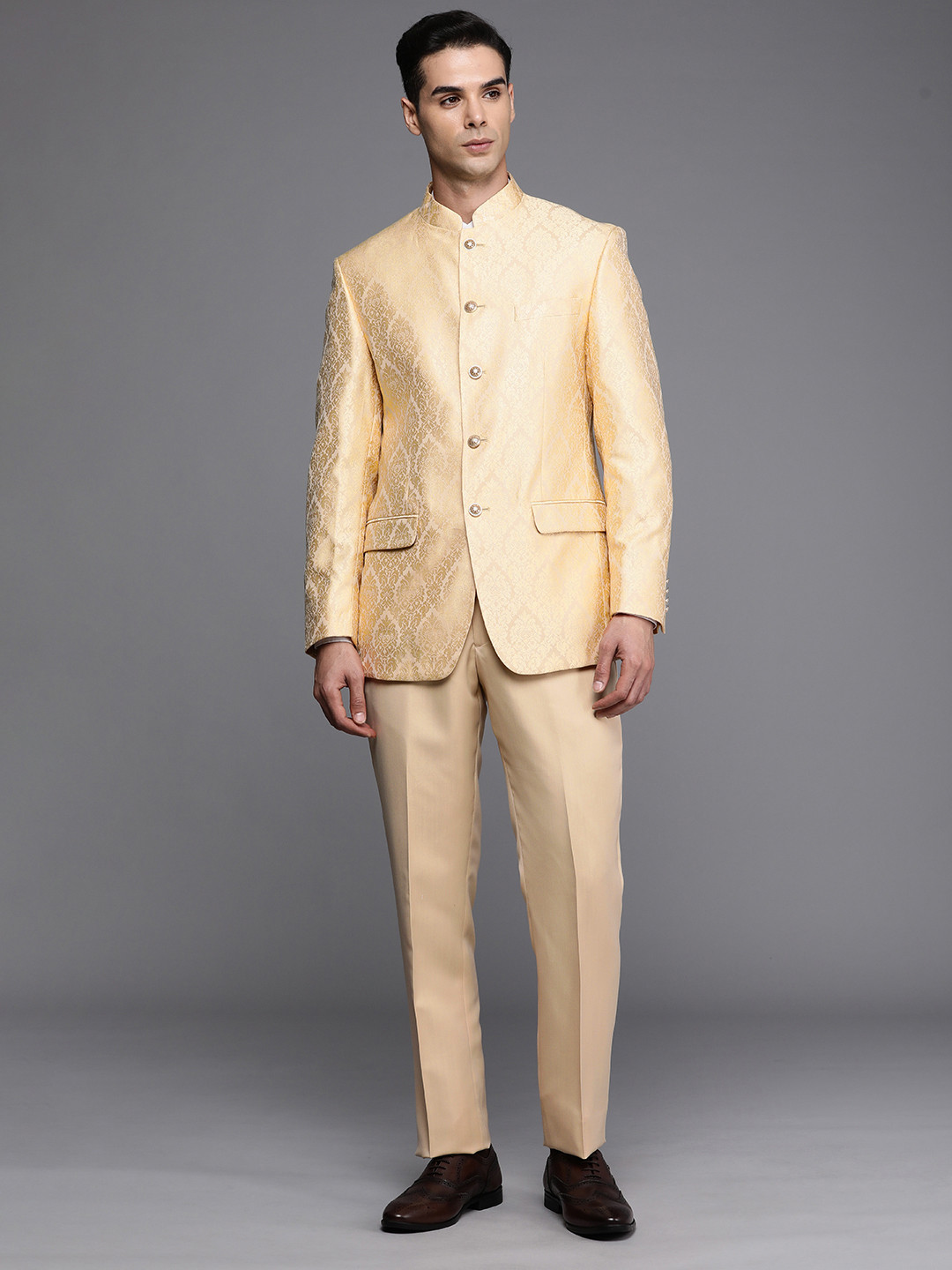 

Louis Philippe Men Floral Woven Design Bandhgala 2 Pieces Ethnic Suits, Gold