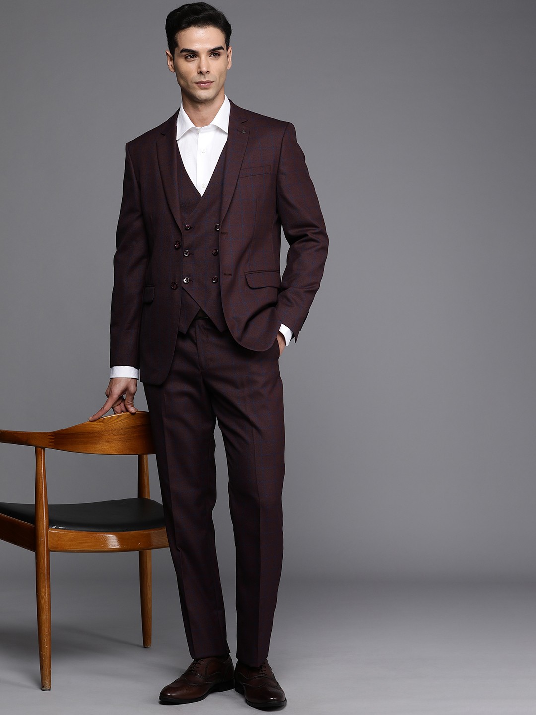 

Louis Philippe Slim Fit Checked Single Breasted 3 Piece Formal Suits, Maroon
