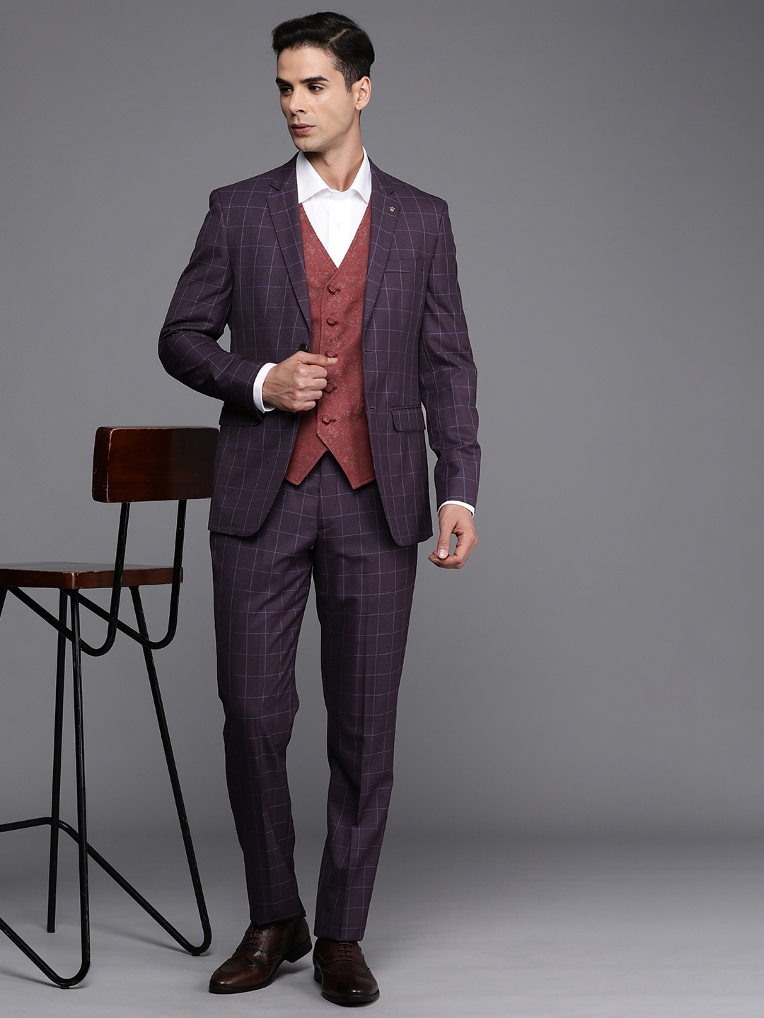 

Louis Philippe Checked Slim-Fit Single-Breasted Three-Piece Formal Suit, Purple