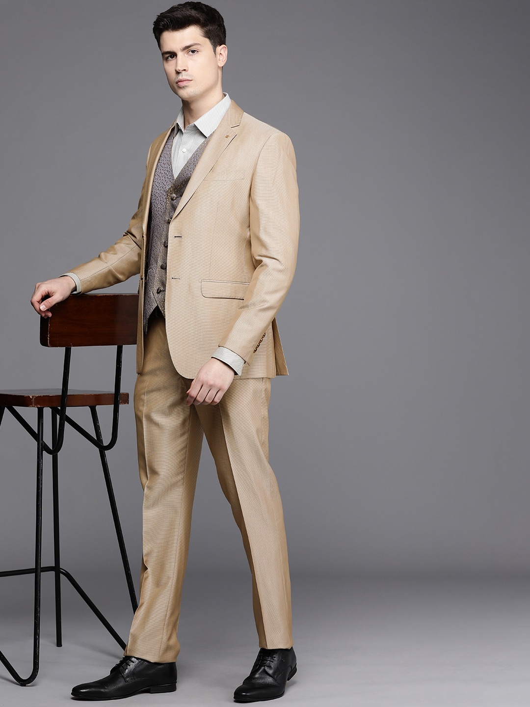 

Louis Philippe Self Design Slim-Fit Single-Breasted Three-Piece Formal Suit, Beige